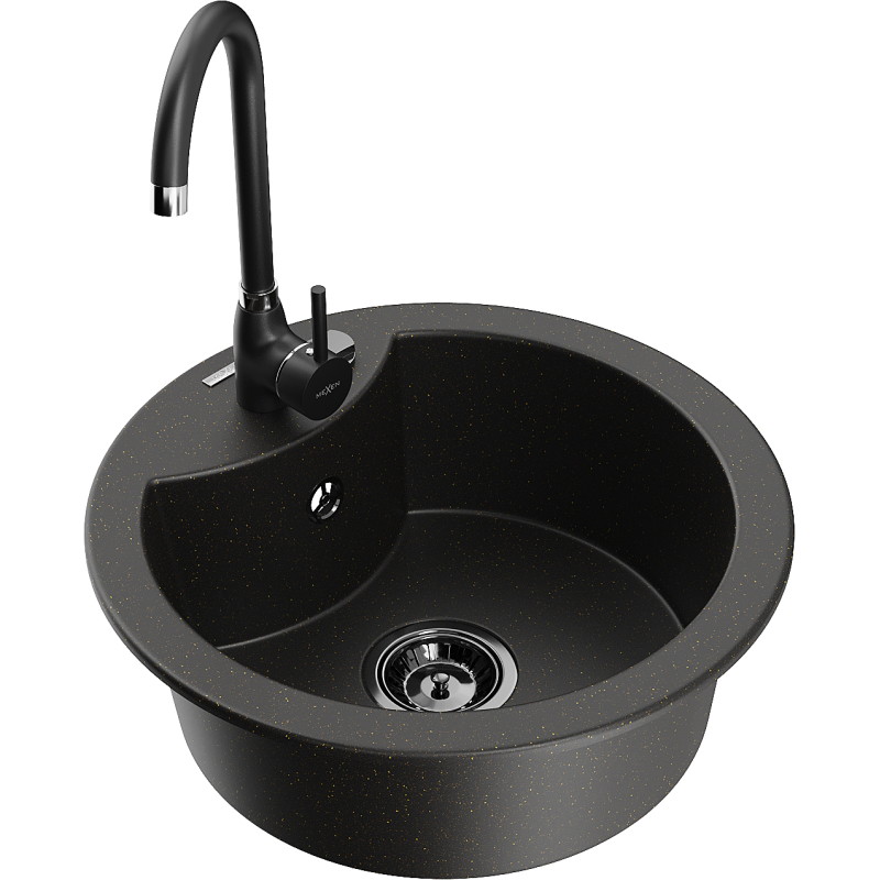 Mexen Diego Granitspüle 1-Becken mit Küchenarmatur Telma, schwarz/gold - 6512-75-670200-70-B