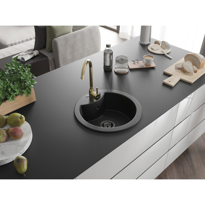Mexen Diego Granitspüle 1-Becken mit Küchenarmatur Telma, schwarz - 6512-77-670200-50-B