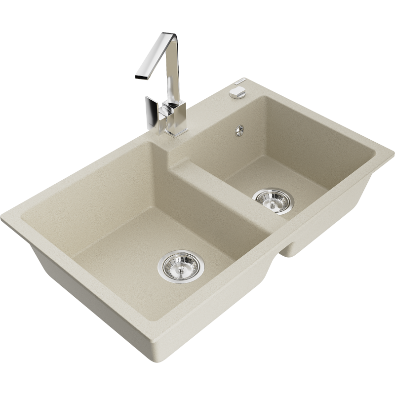 Mexen Tomas Granitspüle mit 2 Becken und Küchenarmatur Rita, beige - 6516-69-670300-00