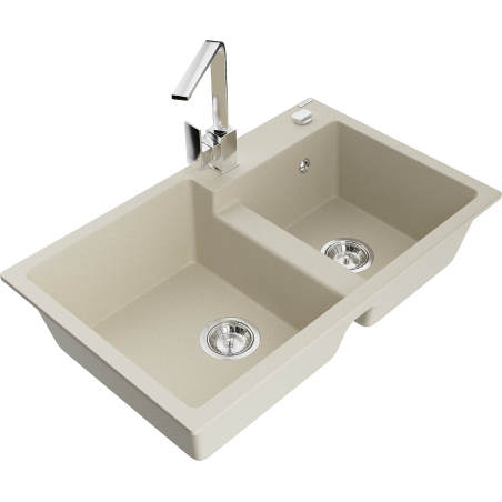 Mexen Tomas Granitspüle mit 2 Becken und Küchenarmatur Rita, beige - 6516-69-670300-00