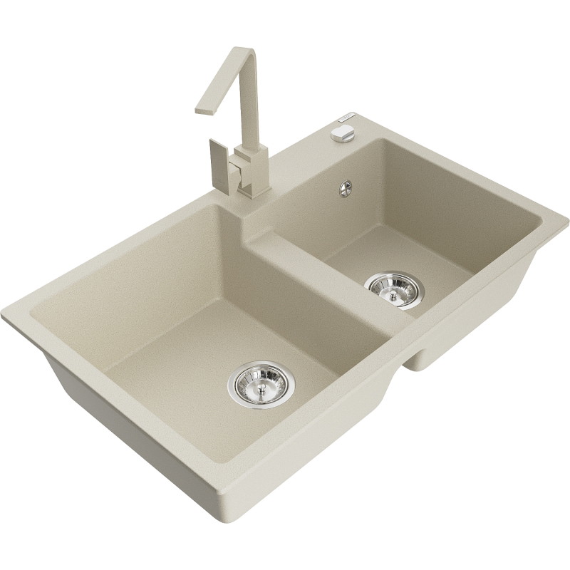 Mexen Tomas Granitspüle 2-Becken mit Küchenarmatur Rita, beige - 6516-69-670300-69