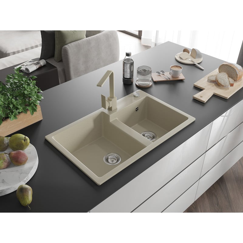 Mexen Tomas Granitspüle 2-Kammern mit Küchenarmatur Rita, beige - 6516-69-670300-69