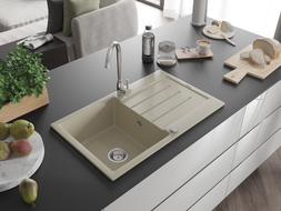 Mexen Bruno Granitspüle 1-Becken mit Abtropffläche und Küchenarmatur Telma, beige - 6513-69-670200-00