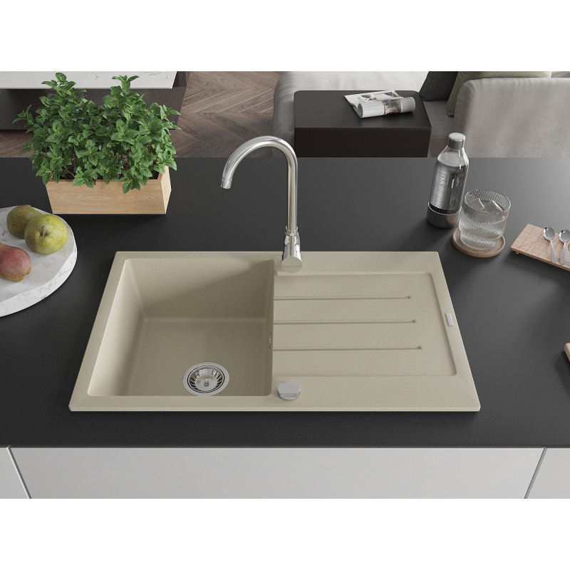 Mexen Bruno Granitspüle einteilig mit Abtropffläche und Küchenarmatur Telma, beige - 6513-69-670200-00