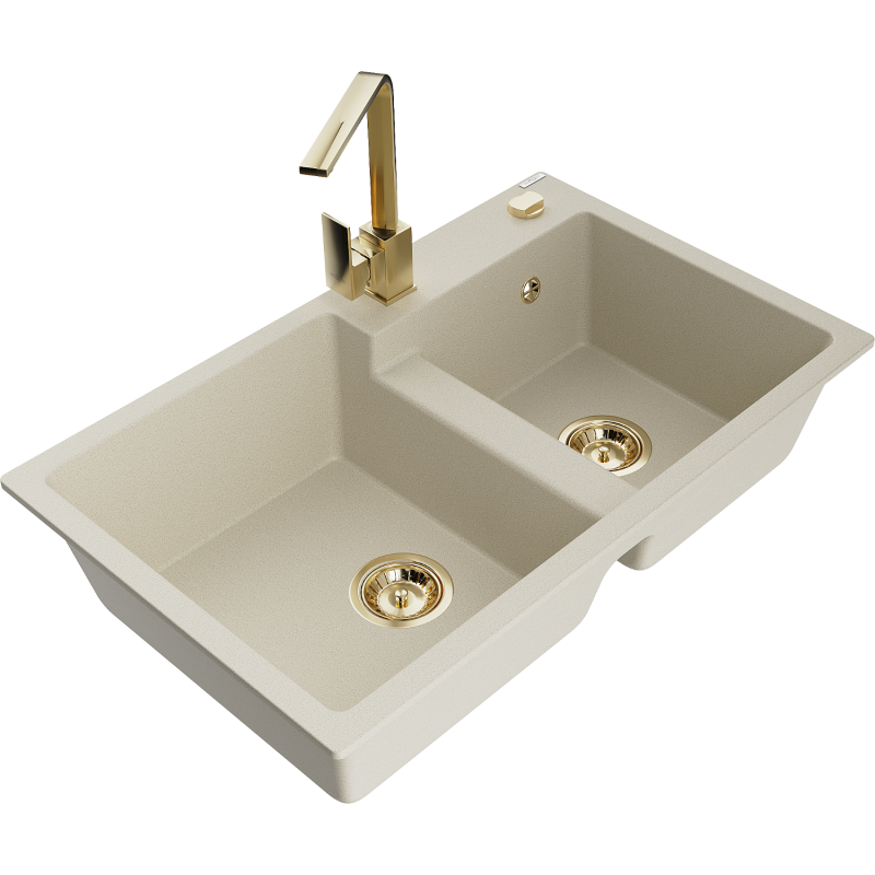 Mexen Tomas Granitspüle 2-Kammer mit Küchenarmatur Rita, beige - 6516-69-670300-50