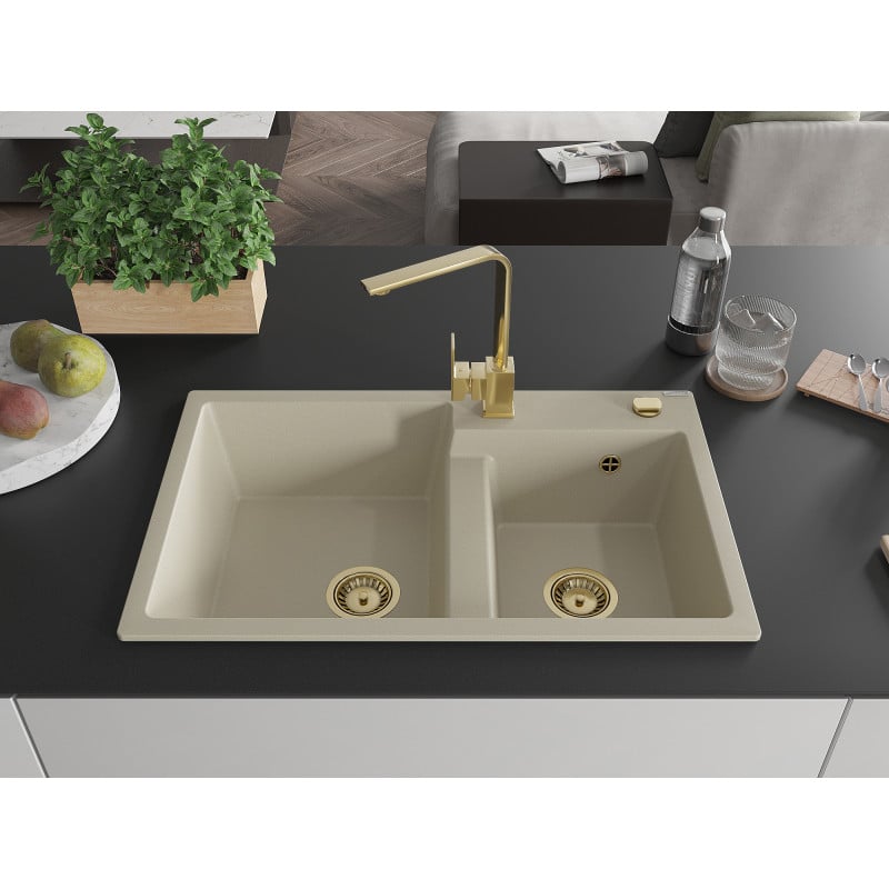 Mexen Tomas Granitspüle 2-Kammer mit Küchenarmatur Rita, beige - 6516-69-670300-50