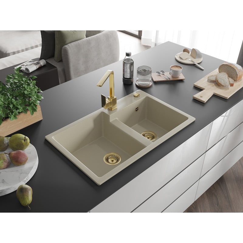 Mexen Tomas Granitspüle 2-Kammer mit Küchenarmatur Rita, beige - 6516-69-670300-50