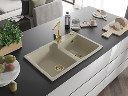 Mexen Tomas Granitspüle 2-Kammer mit Küchenarmatur Rita, beige - 6516-69-670300-50