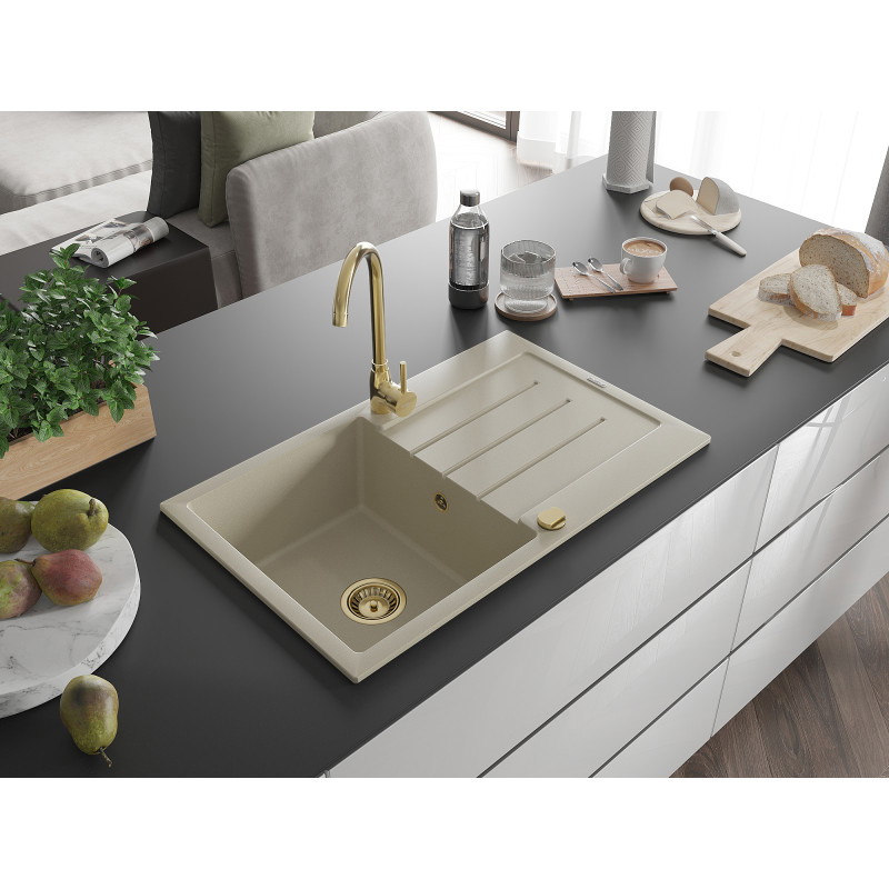 Mexen Bruno Granitspüle 1-beckig mit Abtropffläche und Küchenarmatur Telma, beige - 6513-69-670200-50