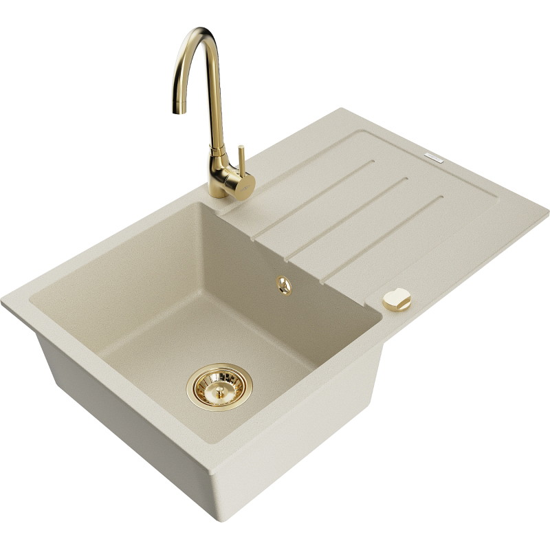 Mexen Bruno Granitspüle 1-Becken mit Abtropffläche und Küchenarmatur Telma, beige - 6513-69-670200-50