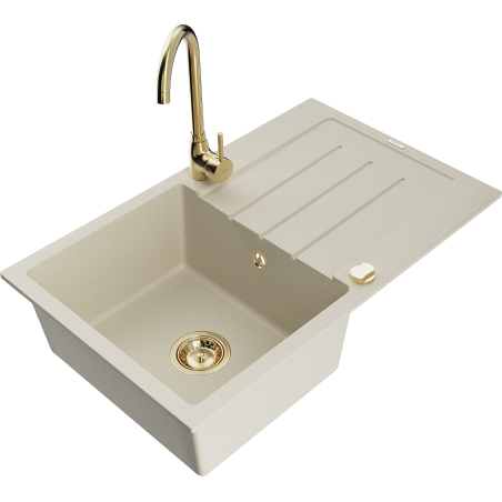 Mexen Bruno Granitspüle 1-beckig mit Abtropffläche und Küchenarmatur Telma, beige - 6513-69-670200-50