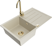 Mexen Bruno Granitspüle 1-Becken mit Abtropffläche und Küchenarmatur Telma, beige - 6513-69-670200-50