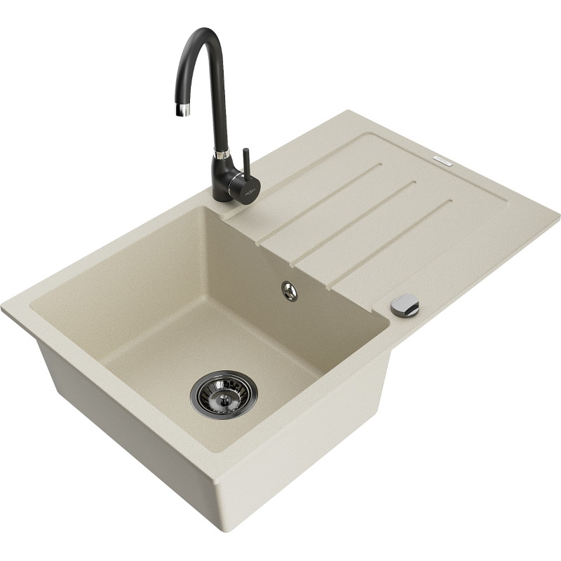 Mexen Bruno Granitspüle mit 1 Becken, Abtropffläche und Küchenarmatur Telma, beige - 6513-69-670200-70