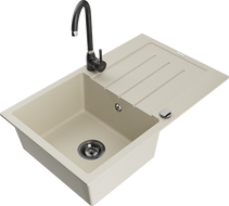 Mexen Bruno Granitspüle mit 1 Becken, Abtropffläche und Küchenarmatur Telma, beige - 6513-69-670200-70