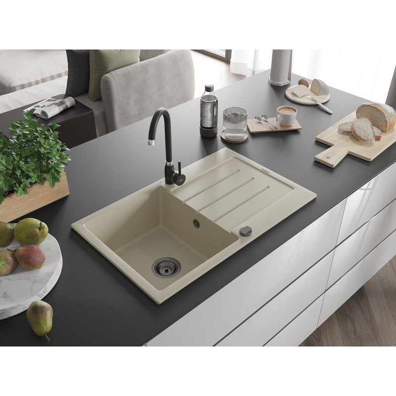Mexen Bruno Granitspüle 1-Becken mit Abtropffläche und Küchenarmatur Telma, beige - 6513-69-670200-70
