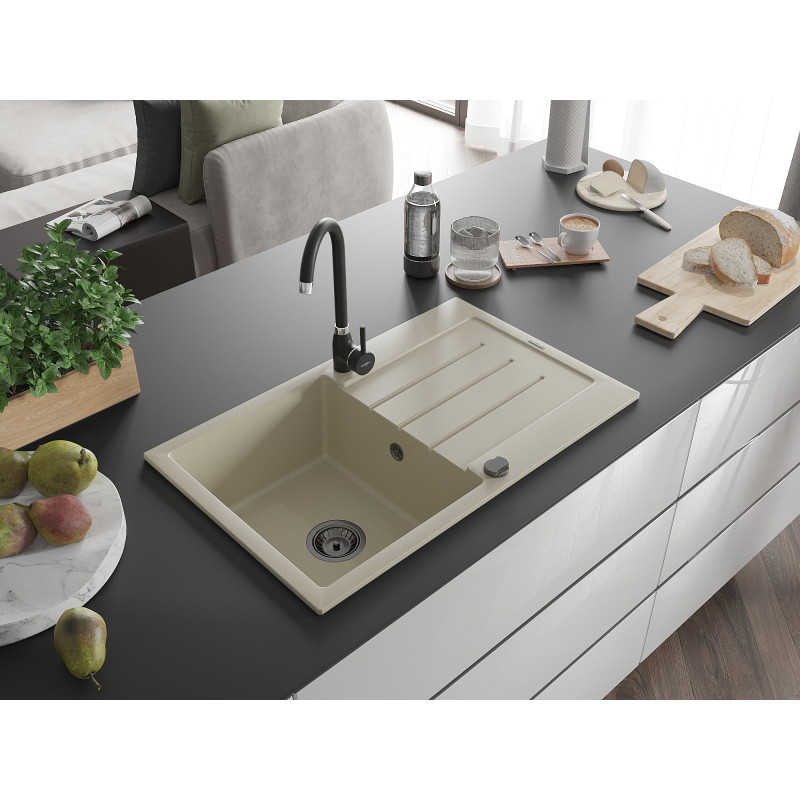 Mexen Bruno Granitspüle mit 1 Becken, Abtropffläche und Küchenarmatur Telma, beige - 6513-69-670200-70