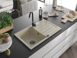 Mexen Bruno Granitspüle 1-Becken mit Abtropffläche und Küchenarmatur Telma, beige - 6513-69-670200-70