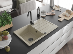 Mexen Bruno Granitspüle mit 1 Becken, Abtropffläche und Küchenarmatur Telma, beige - 6513-69-670200-70