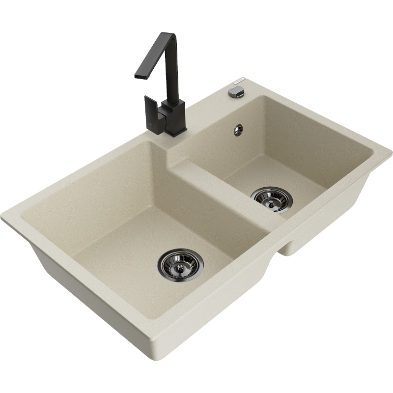 Mexen Tomas Granitspüle mit 2 Becken und Küchenarmatur Rita, beige - 6516-69-670300-70