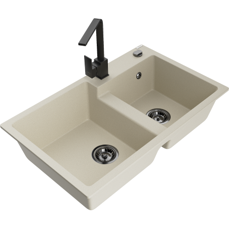 Mexen Tomas Granitspüle mit 2 Becken und Küchenarmatur Rita, beige - 6516-69-670300-70