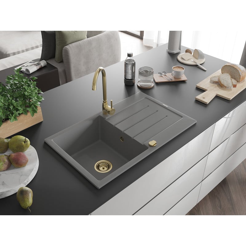 Mexen Bruno Granitspüle 1-gliedrig mit Abtropffläche und Küchenarmatur Telma, grau - 6513-71-670200-50