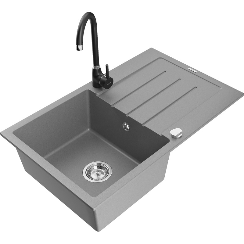Mexen Bruno Granitspüle 1-Bowl mit Abtropffläche und Küchenarmatur Telma, grau - 6513-71-670200-70