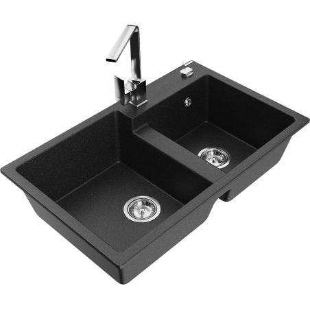 Mexen Tomas granitspüle 2-becken mit küchenarmatur Rita, schwarz/silber metallic - 6516-73-670300-00
