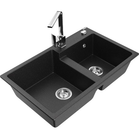 Mexen Tomas Granitspüle 2-Kammer mit Küchenarmatur Rita, schwarz/silber Metallic - 6516-73-670300-00