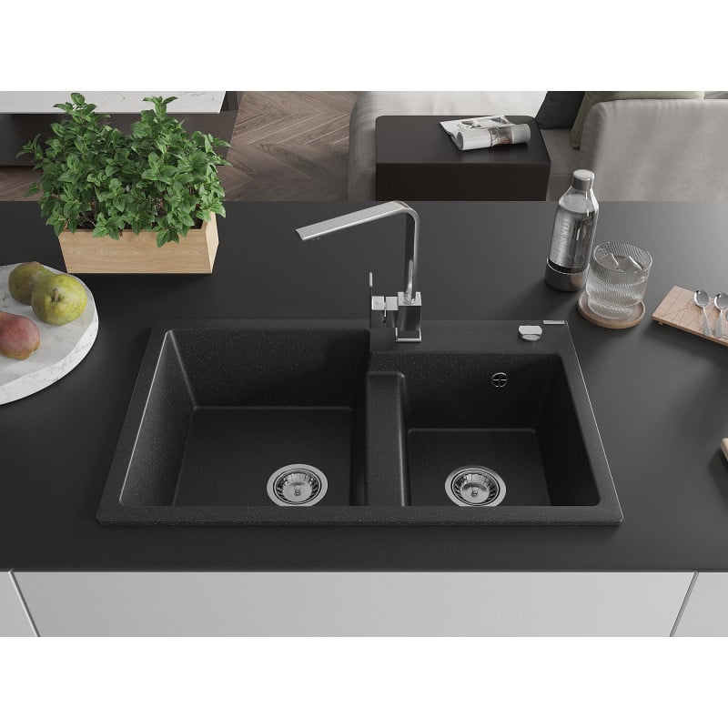 Mexen Tomas Granitspüle 2-Kammer mit Küchenarmatur Rita, schwarz/silber Metallic - 6516-73-670300-00