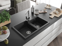 Mexen Tomas Granitspüle 2-Kammer mit Küchenarmatur Rita, schwarz/silber Metallic - 6516-73-670300-00