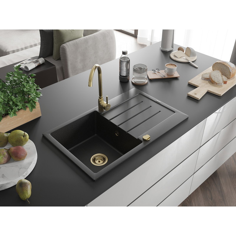 Mexen Bruno Granitspüle 1-becken mit Abtropffläche und Küchenarmatur Telma, schwarz/silber - 6513-73-670200-50