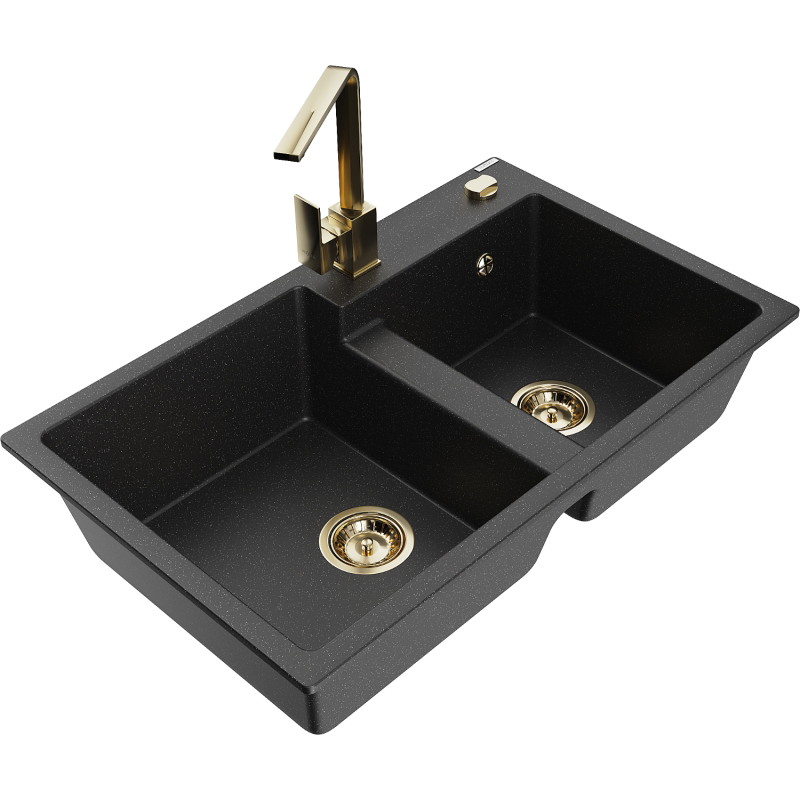 Mexen Tomas Granitspüle 2-Kammer mit Küchenarmatur Rita, schwarz/silber Metallic - 6516-73-670300-50