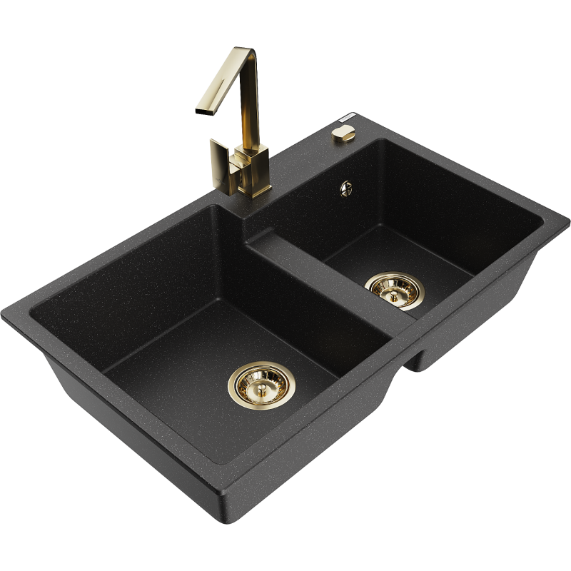 Mexen Tomas Granitspüle 2-Kammern mit Küchenarmatur Rita, schwarz/silber metallic - 6516-73-670300-50