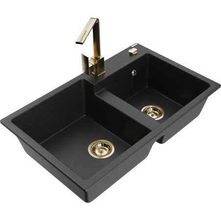 Mexen Tomas Granitspüle 2-Kammer mit Küchenarmatur Rita, schwarz/silber Metallic - 6516-73-670300-50