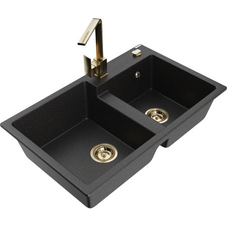 Mexen Tomas Granitspüle 2-Kammern mit Küchenarmatur Rita, schwarz/silber metallic - 6516-73-670300-50