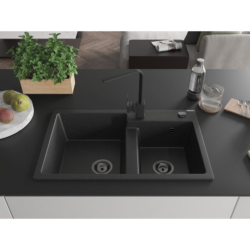 Mexen Tomas Granit-Spüle 2-Kammer mit Küchenarmatur Rita, schwarz/silber metallic - 6516-73-670300-70-B