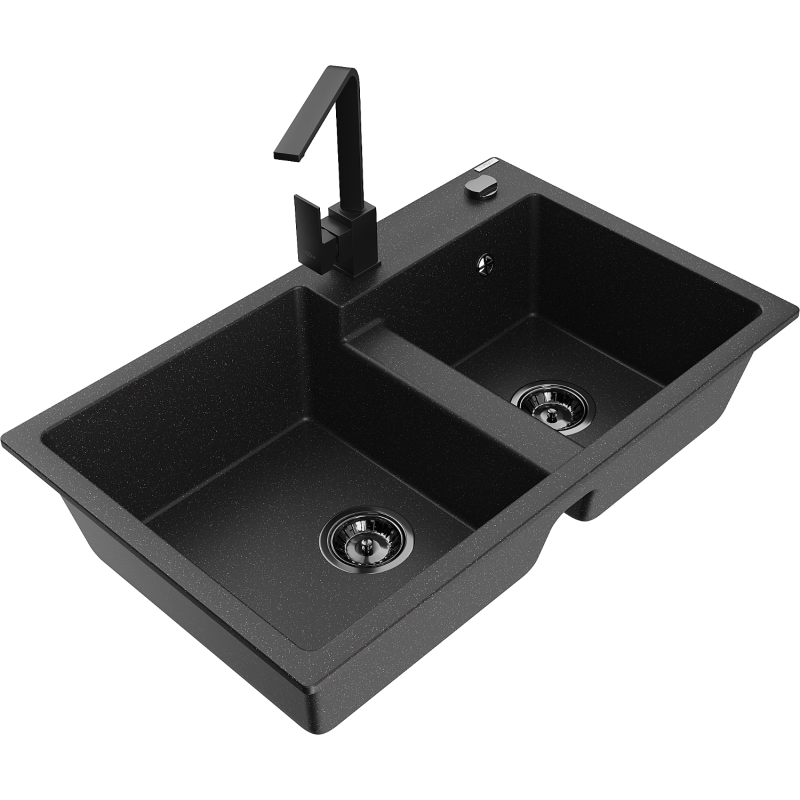 Mexen Tomas Granit-Spüle 2-Kammer mit Küchenarmatur Rita, schwarz/silber metallic - 6516-73-670300-70-B