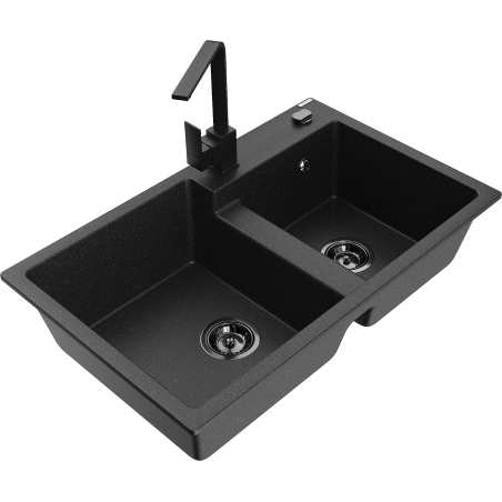 Mexen Tomas Granit-Spüle 2-Kammer mit Küchenarmatur Rita, schwarz/silber metallic - 6516-73-670300-70-B