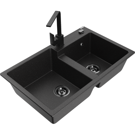 Mexen Tomas Granitspüle 2-Kammern mit Küchenarmatur Rita, schwarz/silber metallic - 6516-73-670300-70-B