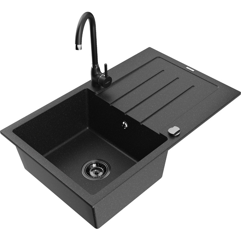 Mexen Bruno Granitspüle 1-Becken mit Abtropffläche und Küchenarmatur Telma, schwarz/silber - 6513-73-670200-70-B