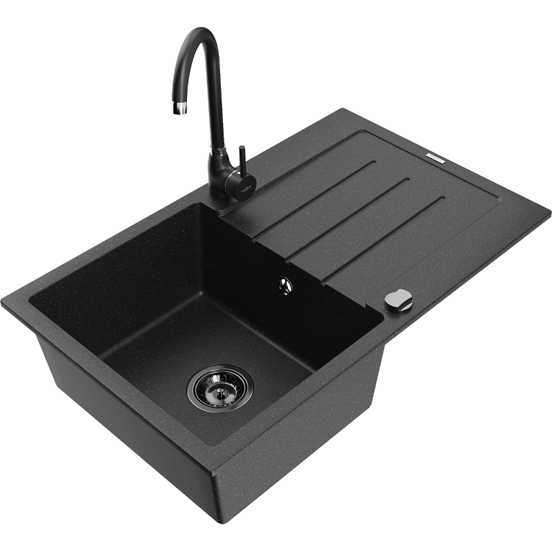 Mexen Bruno Granitspüle 1-Becken mit Abtropffläche und Küchenarmatur Telma, schwarz/silbern - 6513-73-670200-70-B