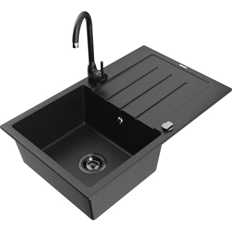 Mexen Bruno Granitspüle 1-Becken mit Abtropffläche und Küchenarmatur Telma, schwarz/silber - 6513-73-670200-70-B