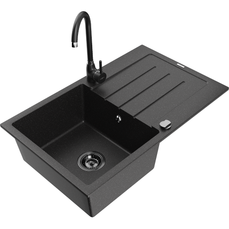 Mexen Bruno Granitspüle 1-Becken mit Abtropffläche und Küchenarmatur Telma, schwarz/silbern - 6513-73-670200-70-B