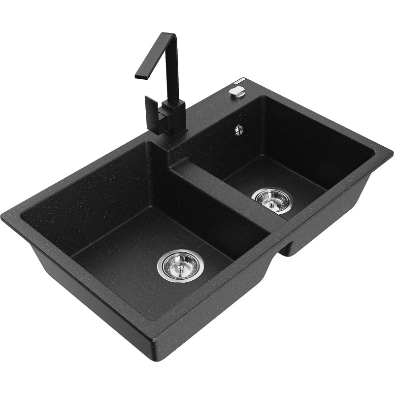 Mexen Tomas Granitspüle 2-Kammer mit Küchenarmatur Rita, schwarz/silber metallic - 6516-73-670300-70