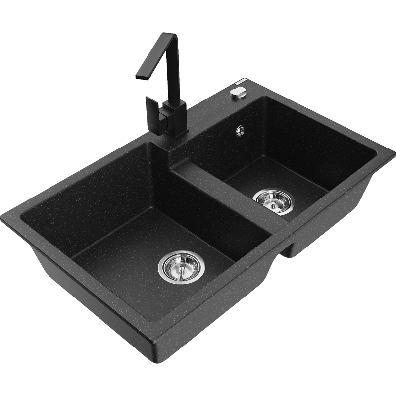 Mexen Tomas Granitspüle 2-Kammern mit Küchenarmatur Rita, schwarz/silber metallic - 6516-73-670300-70