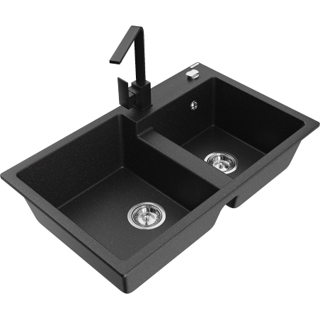 Mexen Tomas Granitspüle 2-Kammer mit Küchenarmatur Rita, schwarz/silber metallic - 6516-73-670300-70