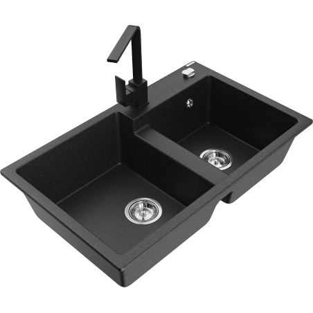 Mexen Tomas Granitspüle 2-Kammern mit Küchenarmatur Rita, schwarz/silber metallic - 6516-73-670300-70