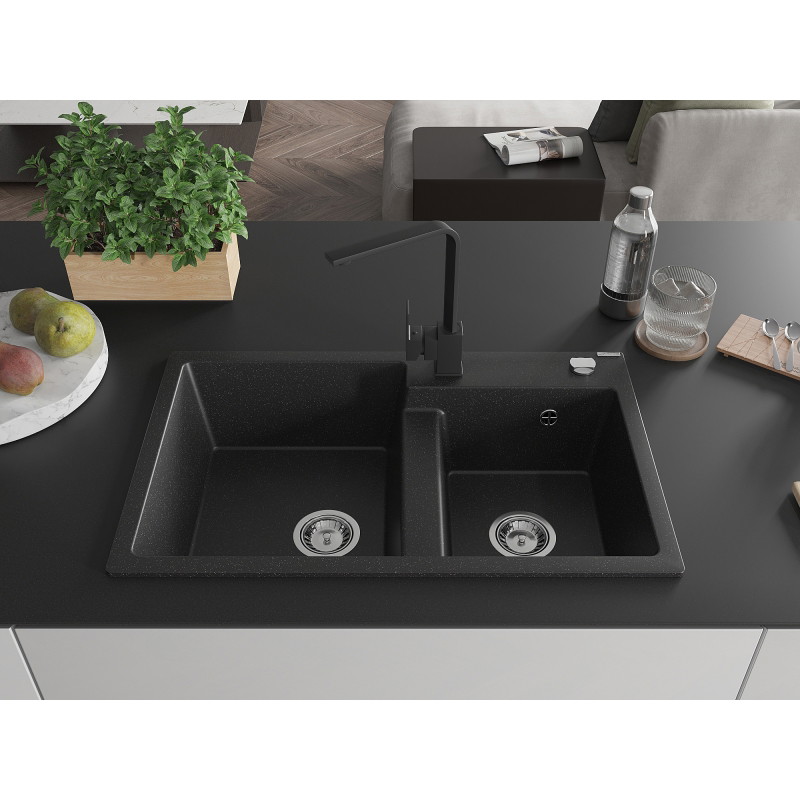 Mexen Tomas Granitspüle 2-becken mit Küchenarmatur Rita, schwarz/silber metallic - 6516-73-670300-70