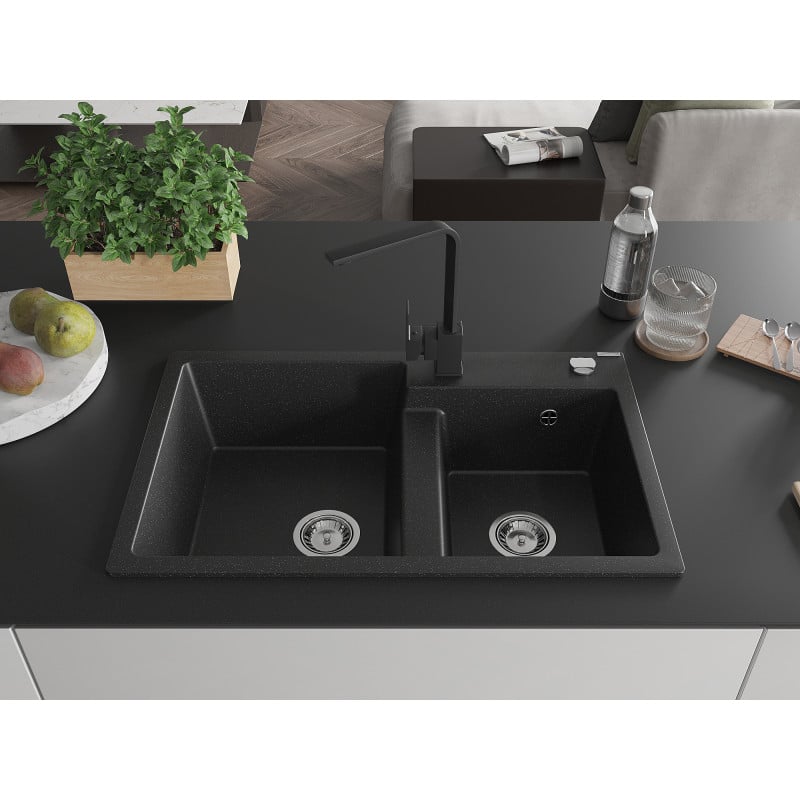 Mexen Tomas Granitspüle 2-Kammern mit Küchenarmatur Rita, schwarz/silber metallic - 6516-73-670300-70