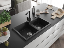 Mexen Tomas Granitspüle 2-Kammern mit Küchenarmatur Rita, schwarz/silber metallic - 6516-73-670300-70